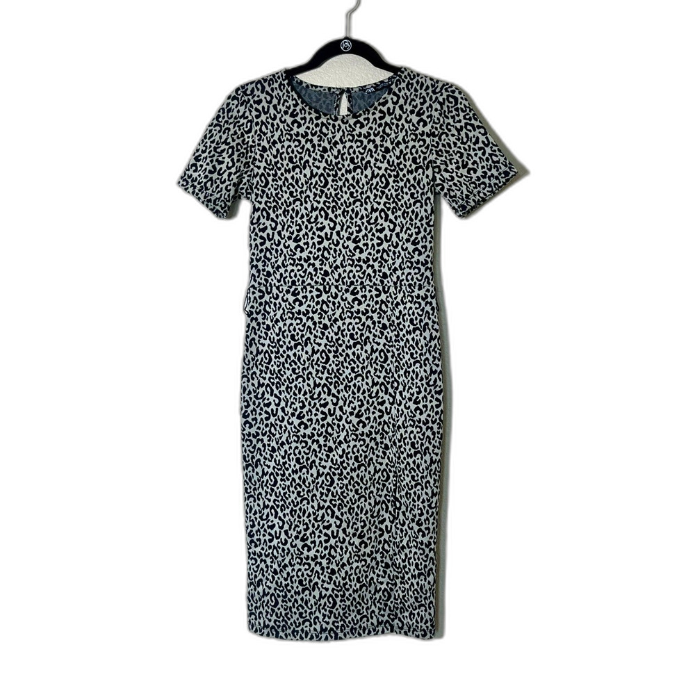 Zara Bodycon Cheetah Print Black Cream Dress Small Women Animal Print Work Slit
